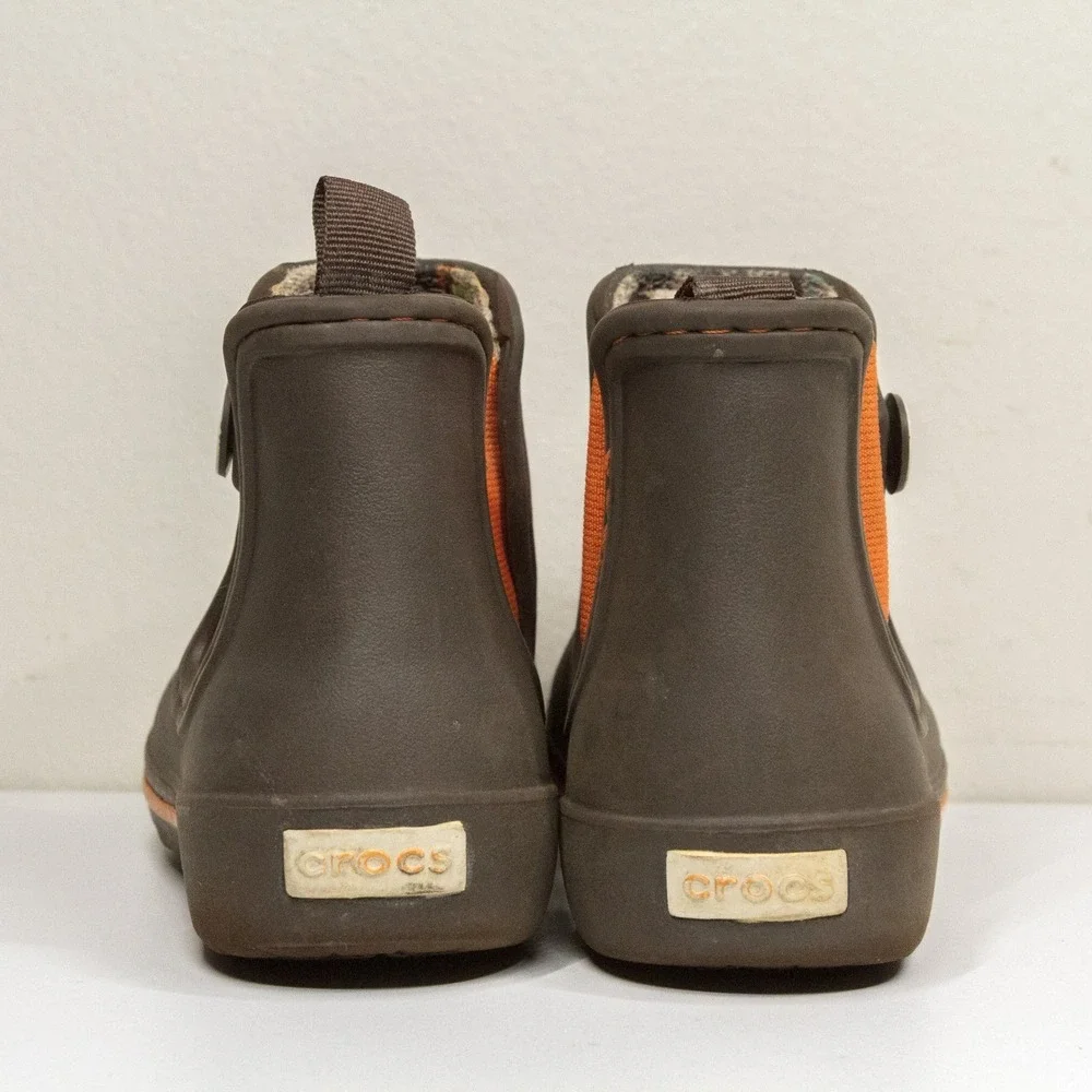 CROCS Rain Boots Waterproof Rubber Chelsea Style Pull On Brown Orange Kids C10
